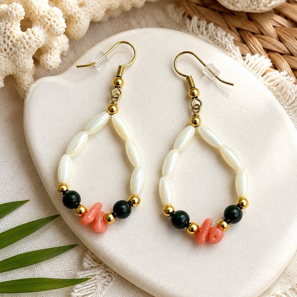 Vintage 1970s Beaded Hoop Earrings Gold Tone Shell Mother Of Pearl Coral Chip